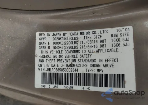 2005 Honda Cr-V Lx from USA, damaged, VIN JHLRD68585C002344